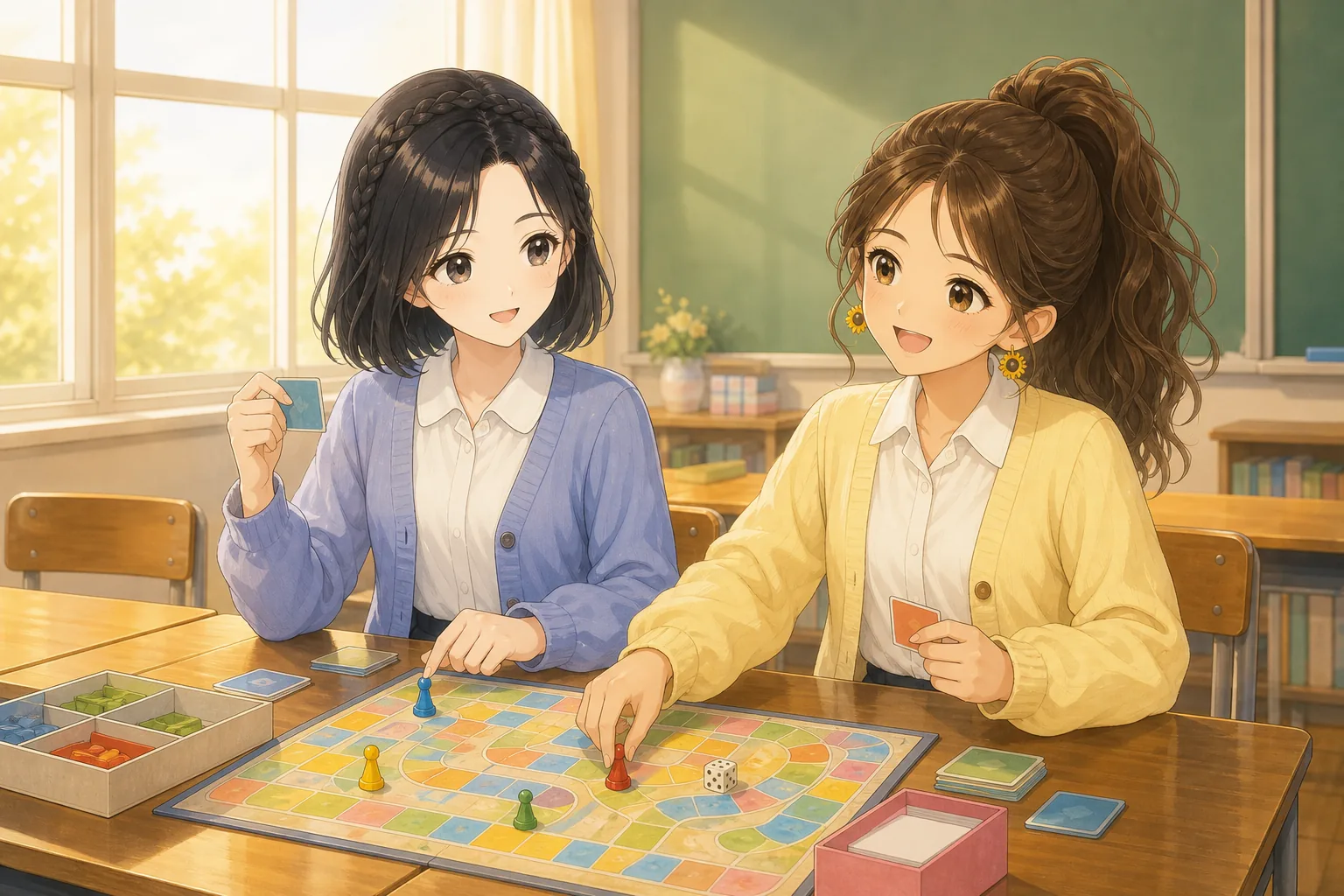 青山栞、夏川ひよりが放課後の教室でボードゲームを楽しむ様子