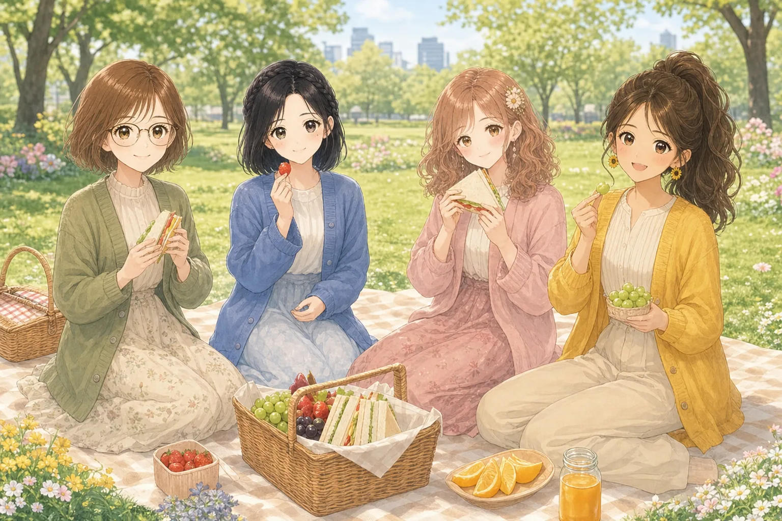 小野寺琴葉先生、青山栞、桃瀬美羽、夏川ひよりが春の公園でピクニックを楽しむ様子