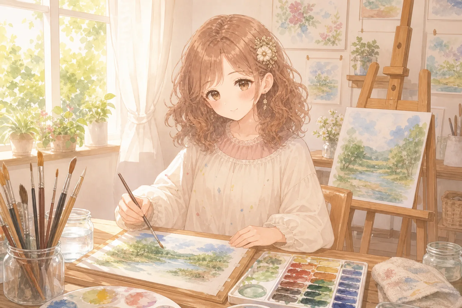 桃瀬美羽が美術室で水彩画を楽しむ様子