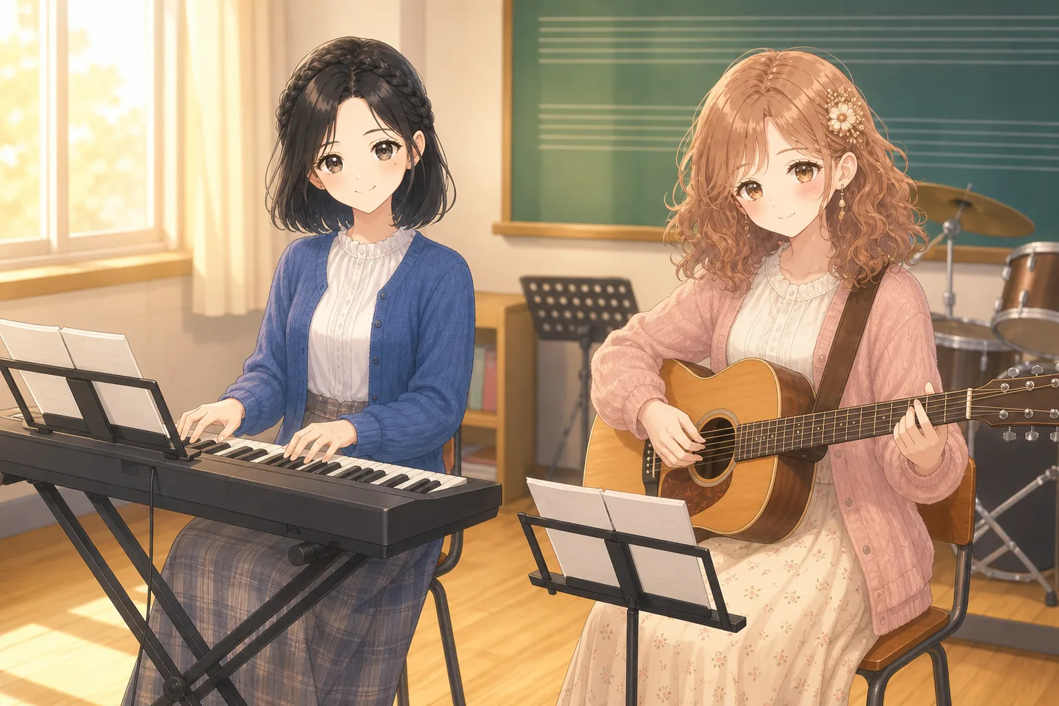 青山栞、桃瀬美羽が音楽室でセッションを楽しむ様子