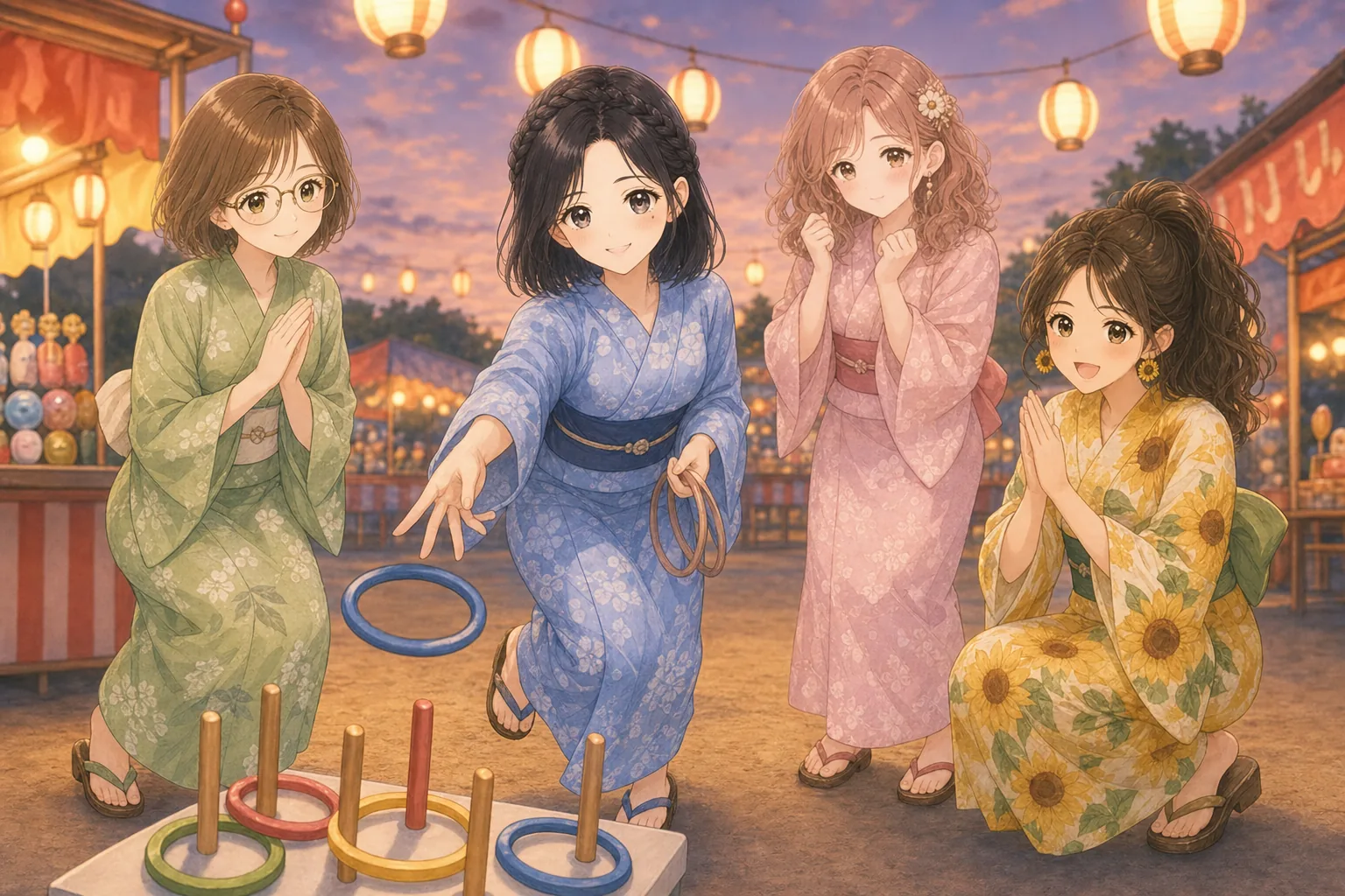 小野寺琴葉先生、青山栞、桃瀬美羽、夏川ひよりが夏祭りで輪投げを楽しむ様子