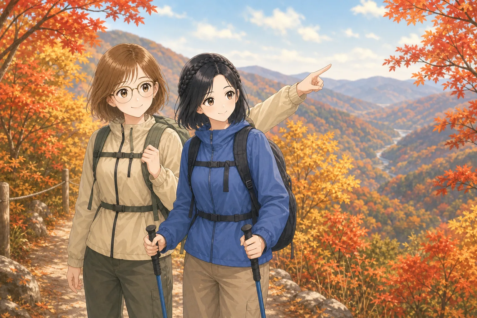 小野寺琴葉先生、青山栞が紅葉の山をハイキングを楽しむ様子