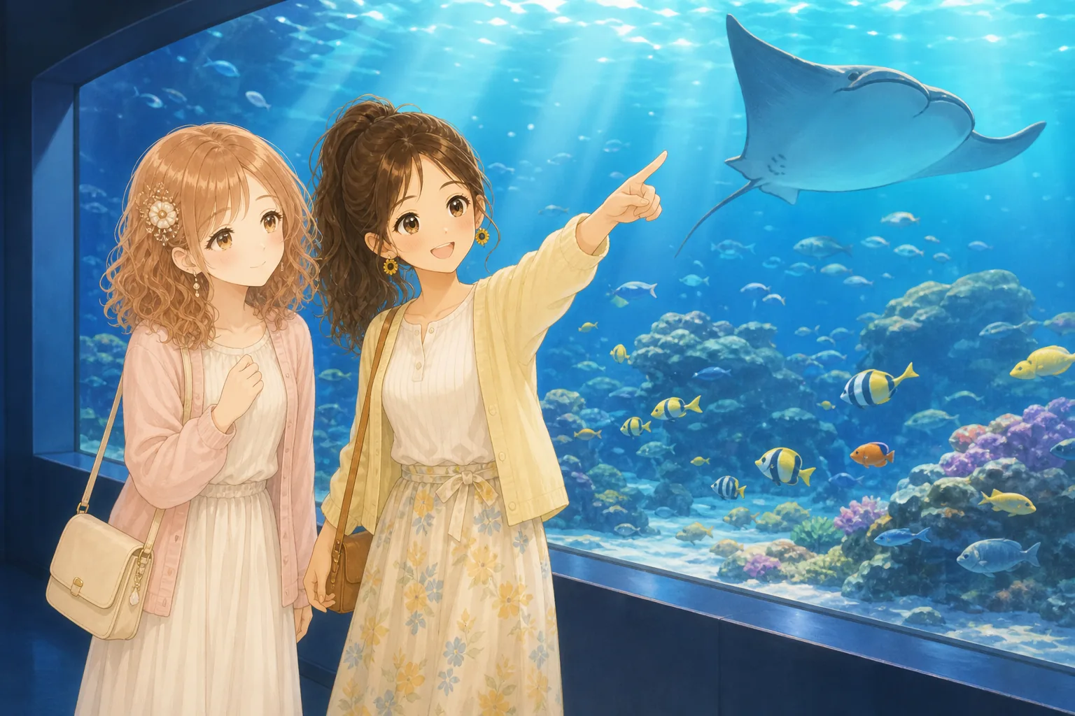 桃瀬美羽、夏川ひよりが水族館で大水槽を鑑賞を楽しむ様子