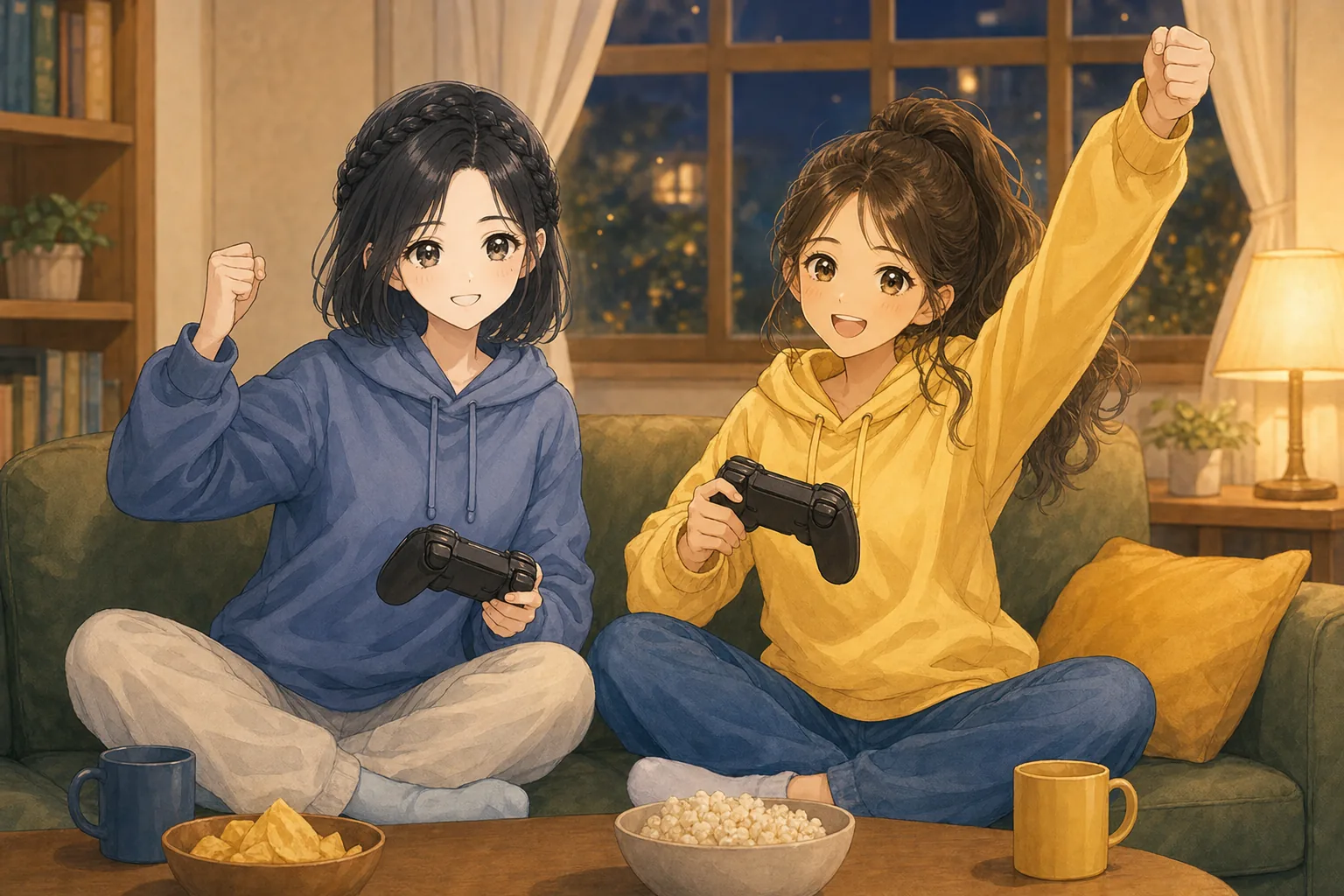 青山栞、夏川ひよりが部室で協力ゲームを楽しむ様子