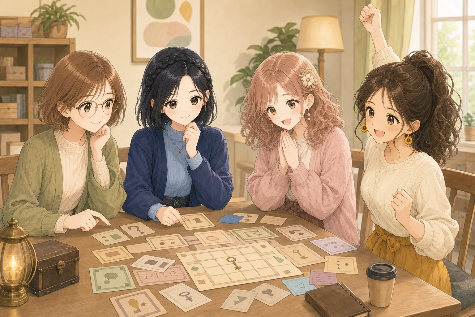 小野寺琴葉先生、青山栞、桃瀬美羽、夏川ひよりがテーブル謎解きゲームを楽しむ様子