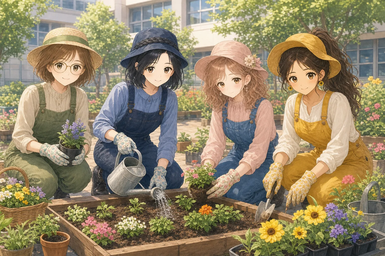 小野寺琴葉先生、青山栞、桃瀬美羽、夏川ひよりが校庭のガーデニングを楽しむ様子